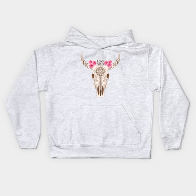 boho motifs with cow skull Kids Hoodie by Alina